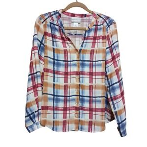 Alfred‎ Dunner PM Petite Button Front Blouse Watercolor Plaid Long Sleeve